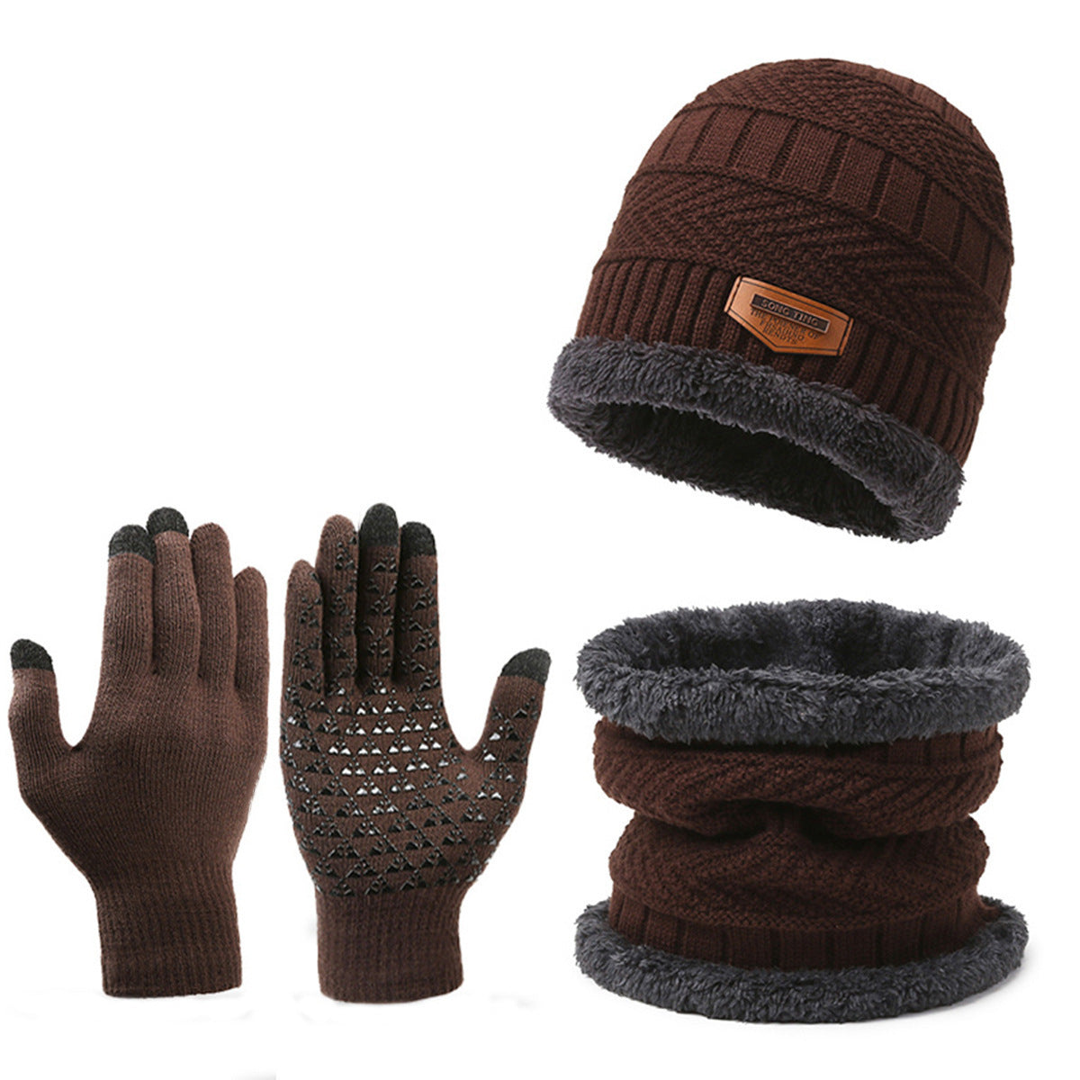 Conjunto de tres piezas de bufanda, guantes y gorro de punto cálido con forro polar para hombre
