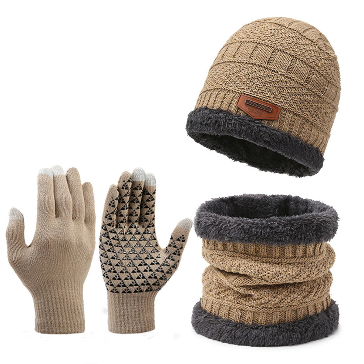 Conjunto de tres piezas de bufanda, guantes y gorro de punto cálido con forro polar para hombre