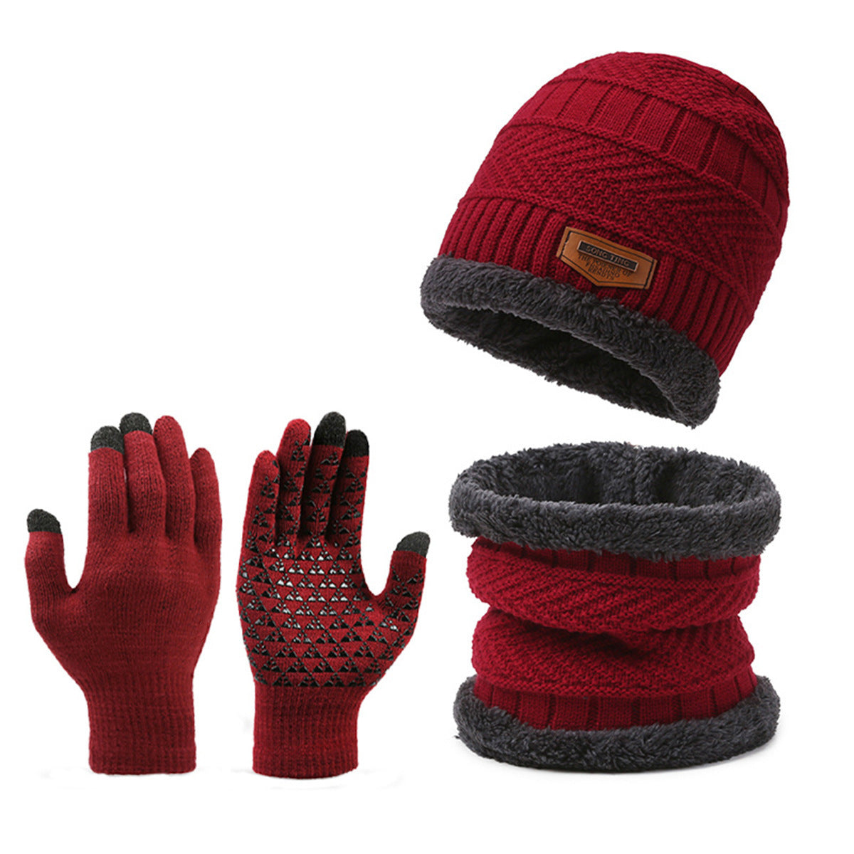 Conjunto de tres piezas de bufanda, guantes y gorro de punto cálido con forro polar para hombre