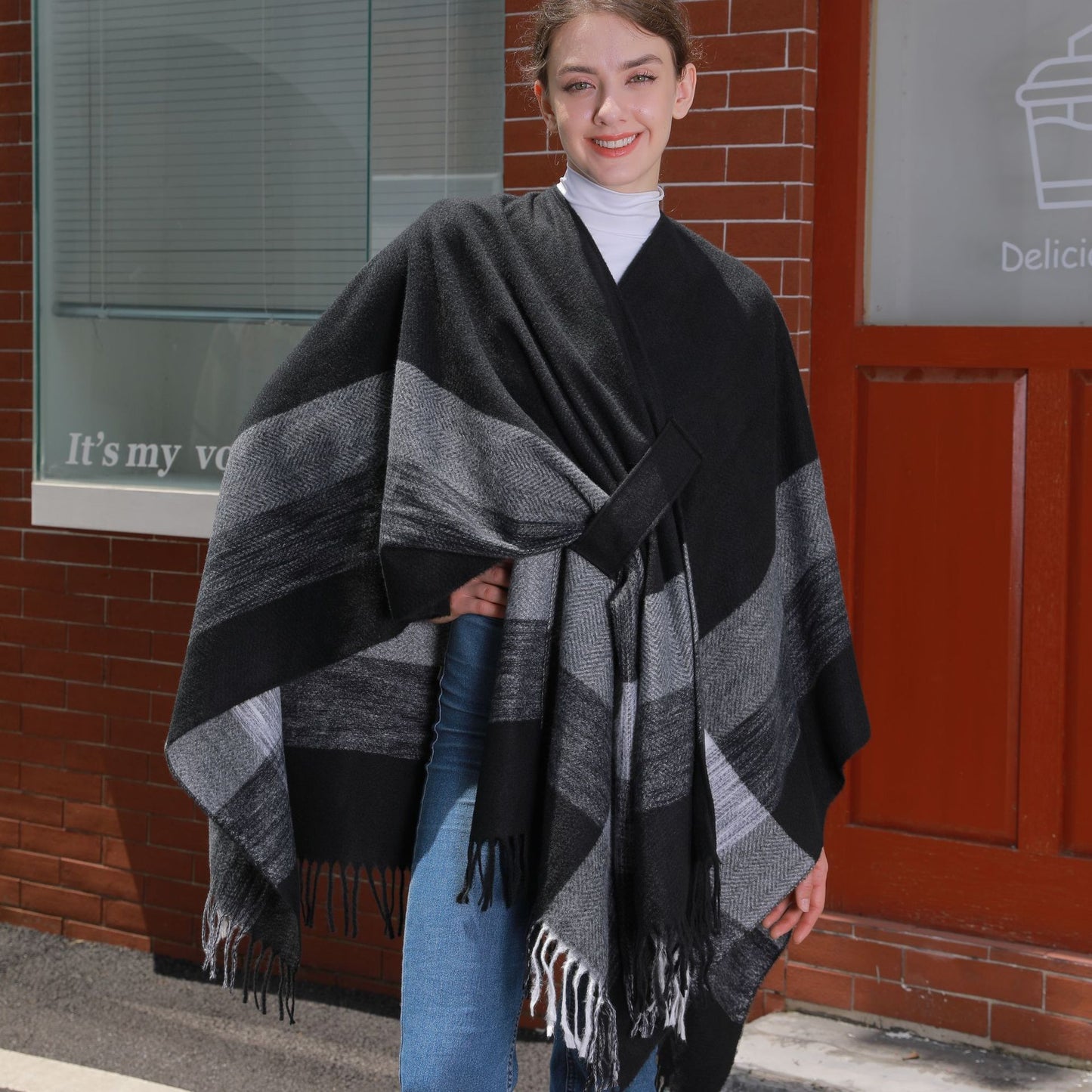 Cárdigan cálido con borlas de jacquard para mujer